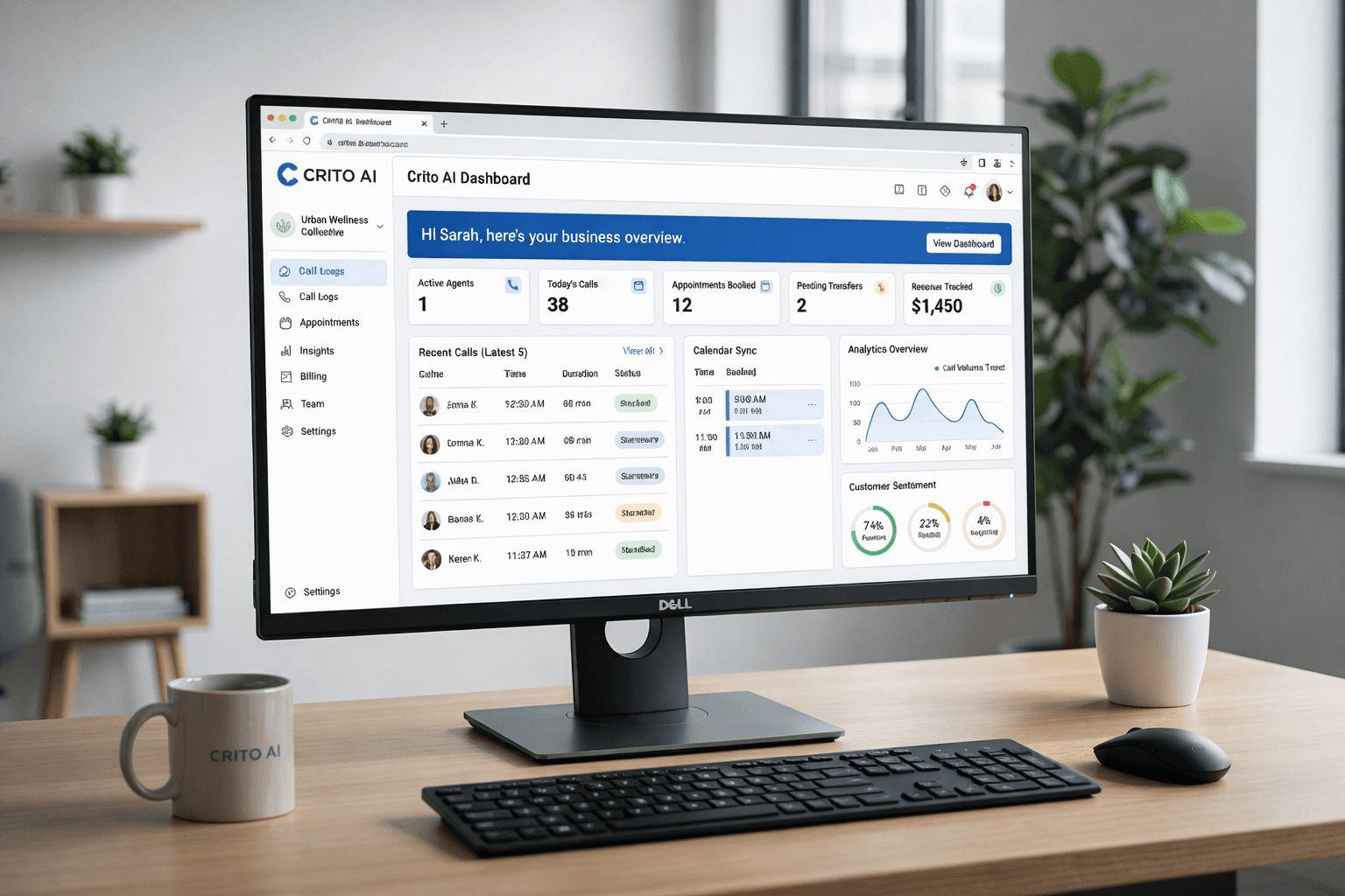 Dashboard-Ansicht von Crito AI mit Anrufanalysen und Assistentenoberfläche